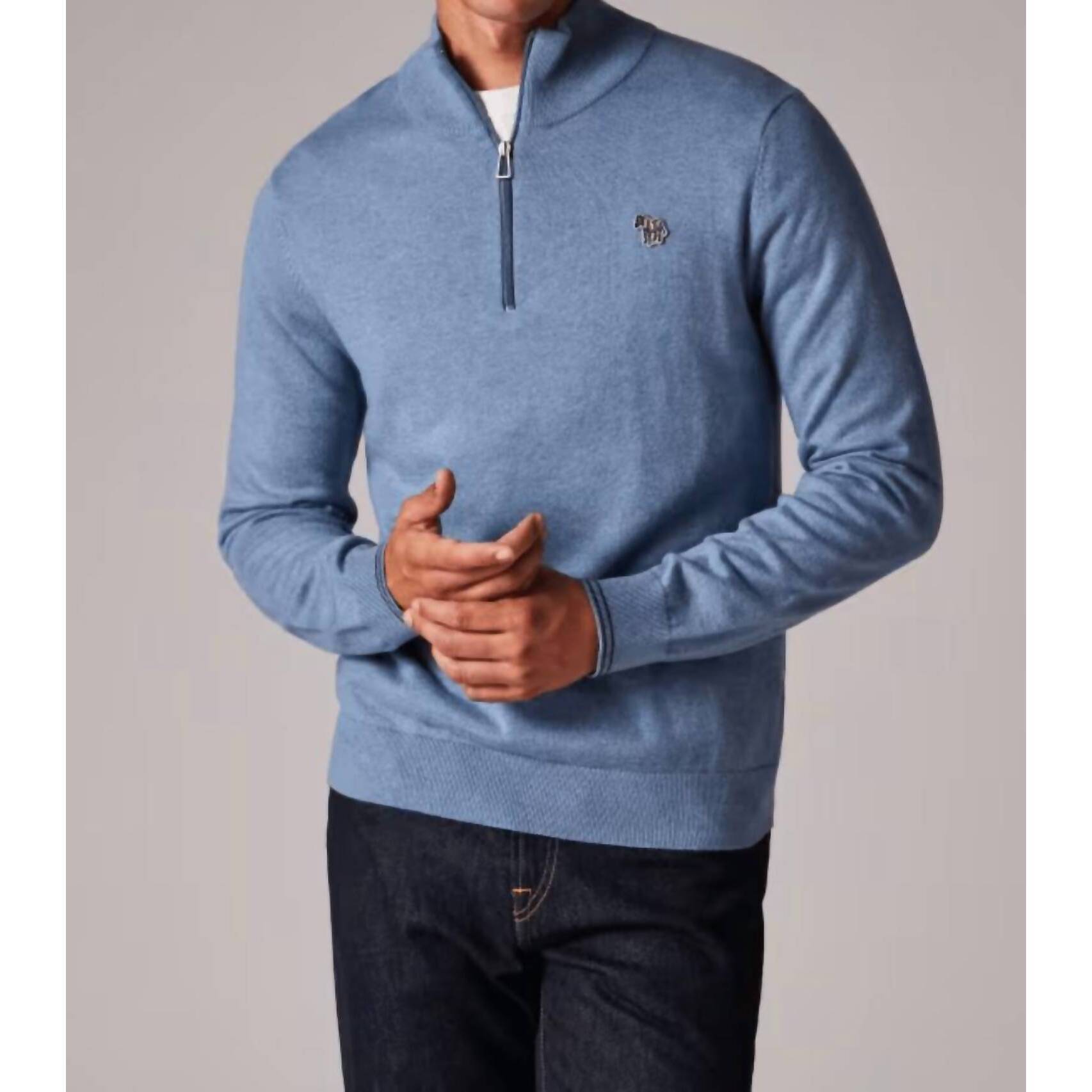New Paul Smith Cotton-Blend Zebra Logo Half Zip Sweater In Pale Blue